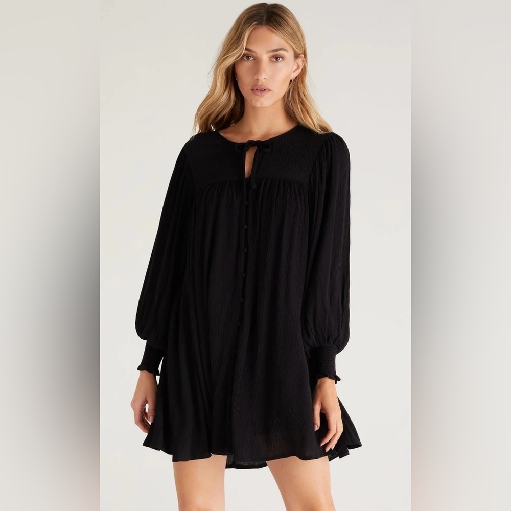 Z Supply Luca Black Long Sleeve Mini Dress, Crinkled Rayon, Relaxed Fit, Size L
